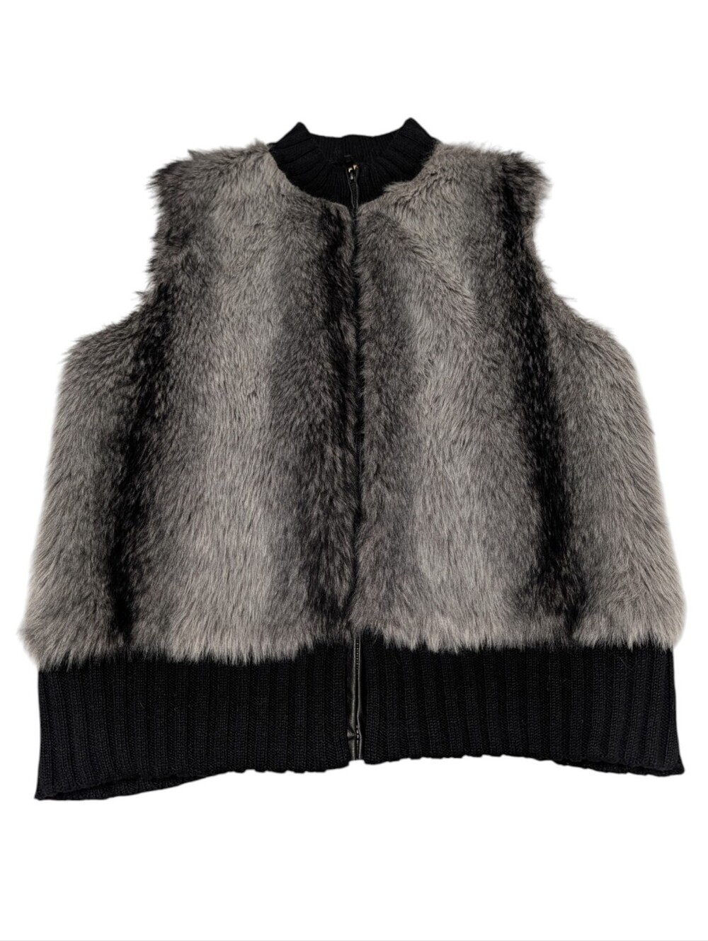 Tiara Gray Faux Fur Vest Women's Size L Black Knit Ribbed Zip Up Collared - Picture 3 of 6